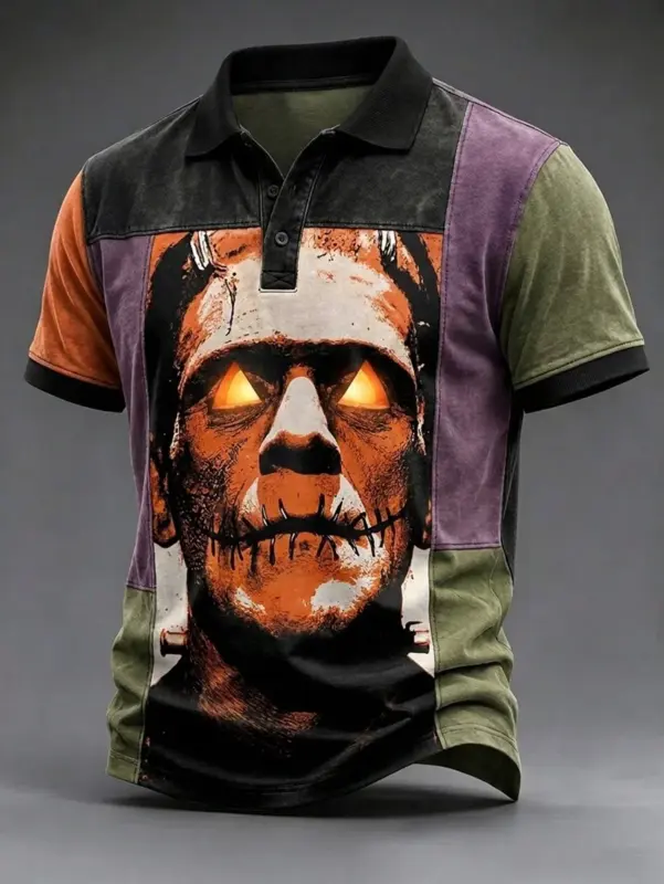 Haunted Frankenstein Halloween Graphic Polo Shirt Holiday Apparel Halloween Gift For Him