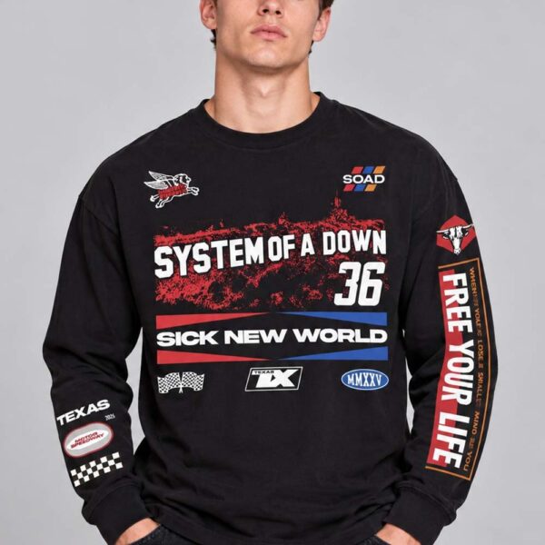 System Of A Down Merch Sick New World Texas 2026 Racing Long Sleeve Shirt System Of A Down Apparel