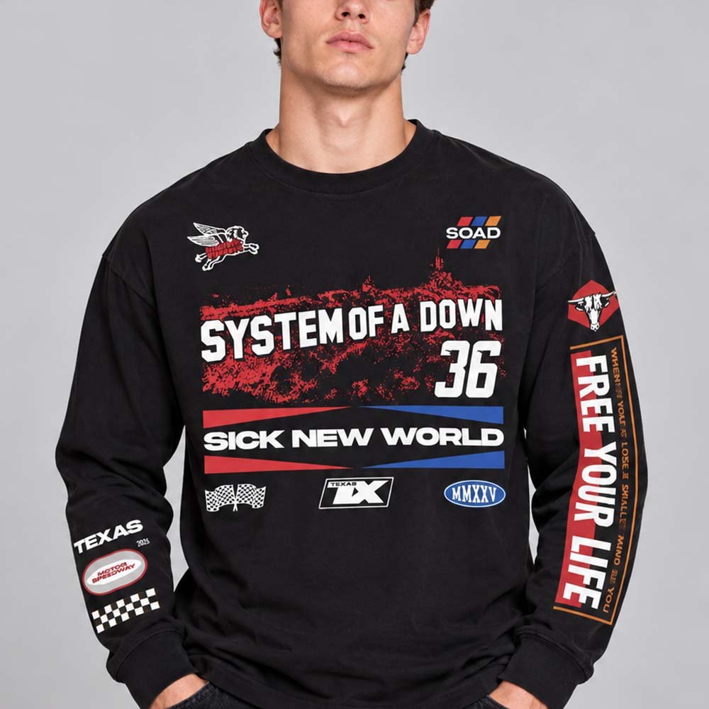System Of A Down Merch Sick New World Texas 2026 Racing Long Sleeve Shirt System Of A Down Apparel