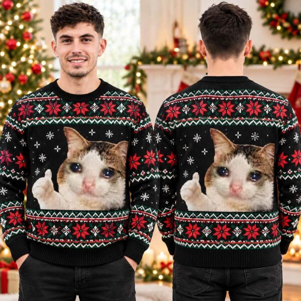 Crying Cat Thumbs Up Meme Black Ugly Christmas Sweater Xmas Party Apparel Funny Gift For Cat Lovers