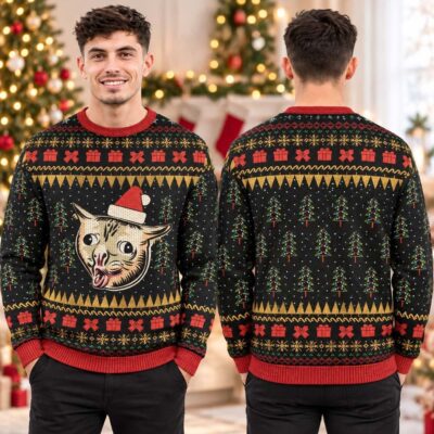 Funny Cat Santa Hat Black Ugly Christmas Sweater Xmas Clothing Funny Gift For Meme Lover