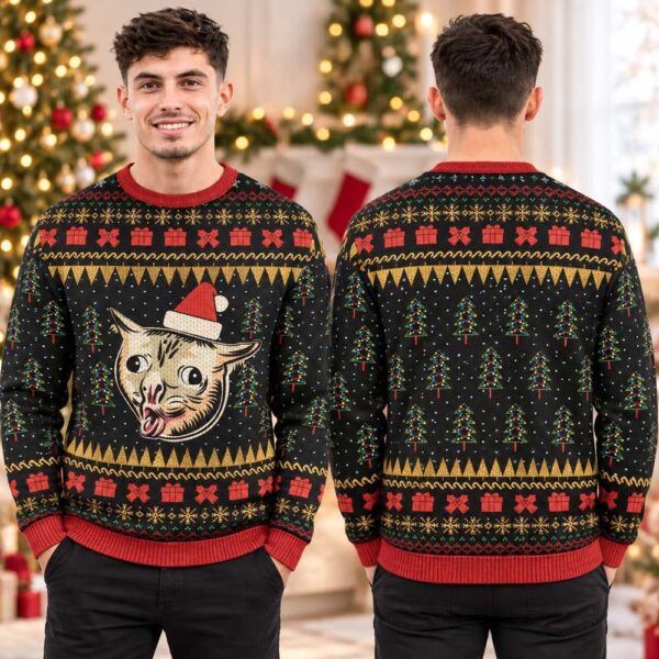 Funny Cat Santa Hat Black Ugly Christmas Sweater Xmas Clothing Funny Gift For Meme Lover