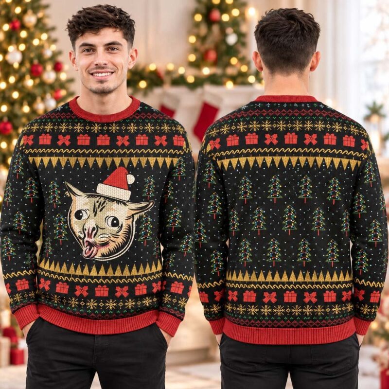 Funny Cat Santa Hat Black Ugly Christmas Sweater Xmas Clothing Funny Gift For Meme Lover