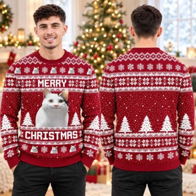 Cute Cat Merry Christmas Red And White Ugly Christmas Sweater Xmas Presents For BFF