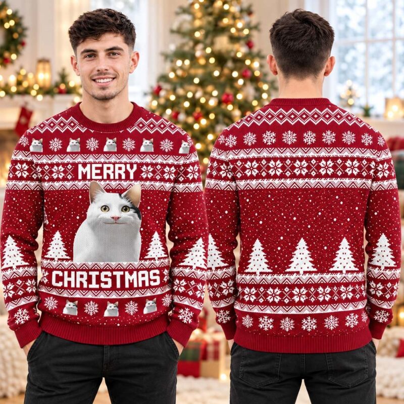 Cute Cat Merry Christmas Red And White Ugly Christmas Sweater Xmas Presents For BFF