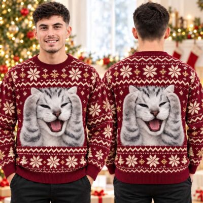 Funny Screaming Cat Meme Burgundy Snowflake Ugly Christmas Sweater Xmas Party Apparel