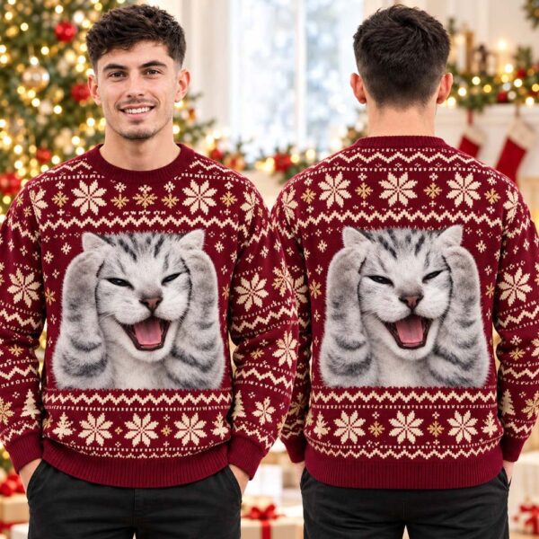 Funny Screaming Cat Meme Burgundy Snowflake Ugly Christmas Sweater Xmas Party Apparel