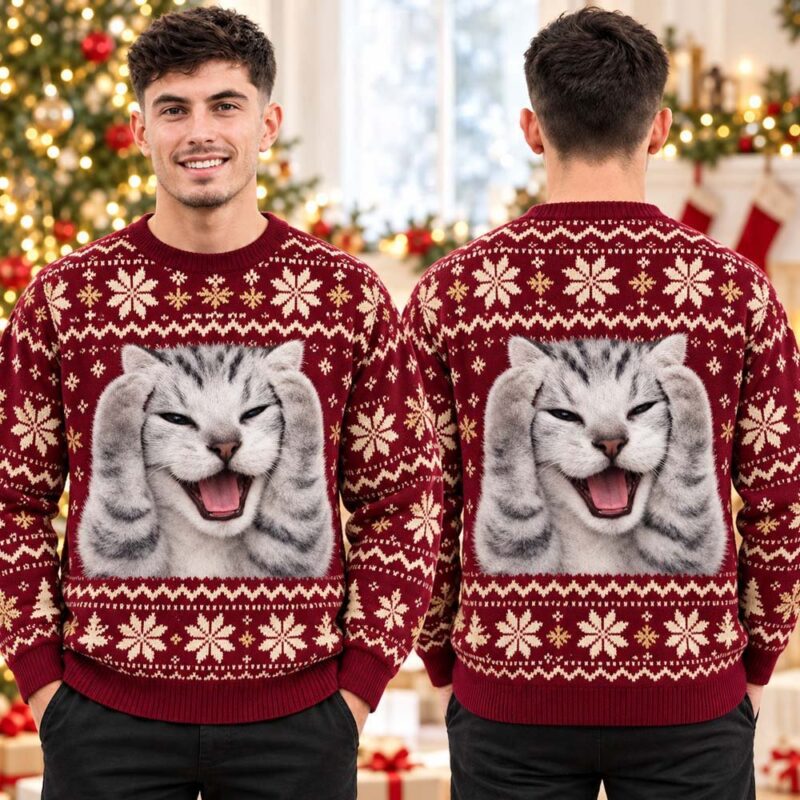 Funny Screaming Cat Meme Burgundy Snowflake Ugly Christmas Sweater Xmas Party Apparel