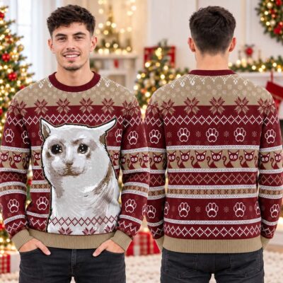 Cute Wide Eyed Cat Burgundy And Beige Ugly Christmas Sweater Xmas Gifts For Cat Lovers