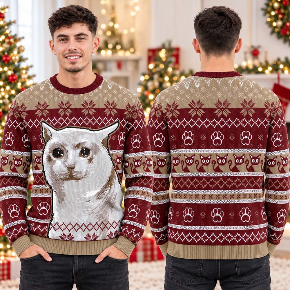 Cute Wide Eyed Cat Burgundy And Beige Ugly Christmas Sweater Xmas Gifts For Cat Lovers
