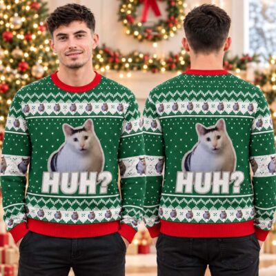 Funny Huh Cat Meme Green And Red Ugly Christmas Sweater Xmas Clothing Cat Lover Christmas Gifts