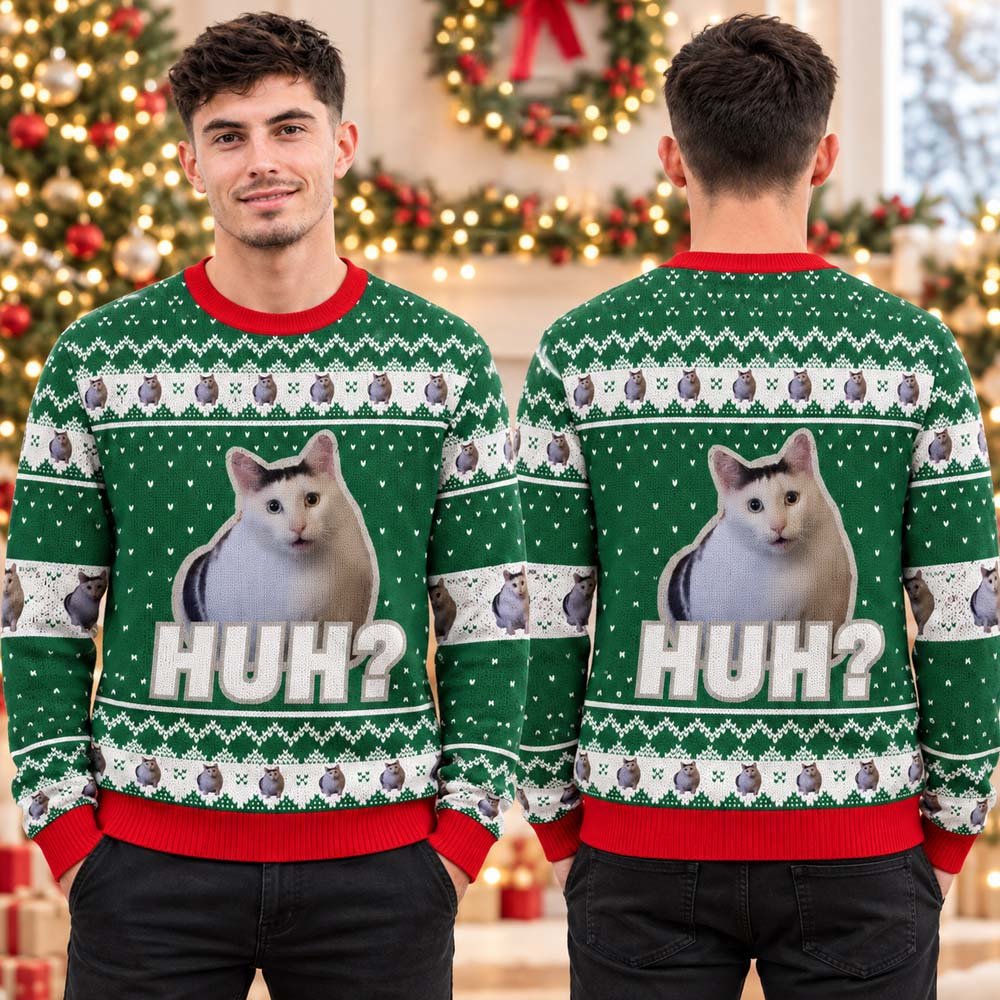Funny Huh Cat Meme Green And Red Ugly Christmas Sweater Xmas Clothing Cat Lover Christmas Gifts
