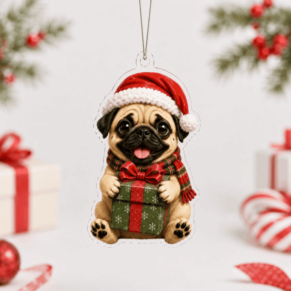 Present Pug Christmas Acrylic Ornament Cute Holiday Tree Decor Xmas Gift