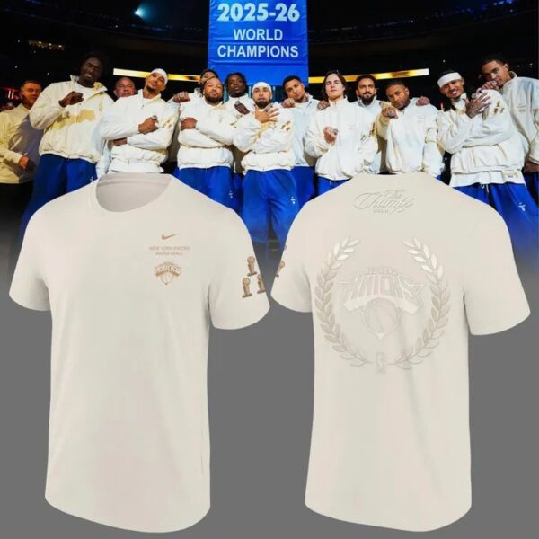 Knicks Merch Nike 2026 NBA Finals Champions Standard Issue Tee Shirts Cream Clothes