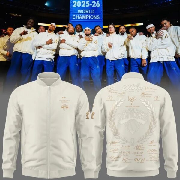Knicks Nike 2026 NBA Finals Champions Standard Issue Full-Zip Jacket Team Signatures Cream