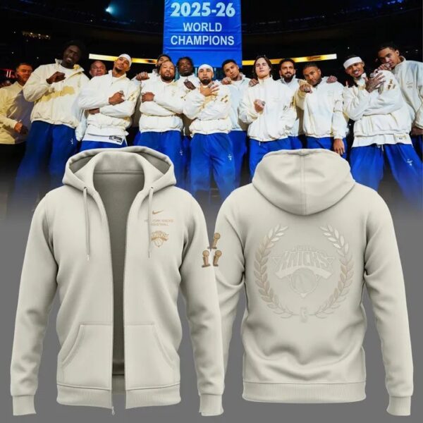 Knicks Merch Nike 2026 NBA Finals Champions Standard Issue Zip Hoodie Cream Clothes