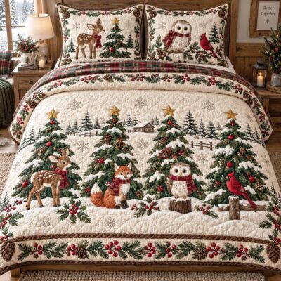 Winter Spruce Quilted Bedding Set Holiday Ornament Bedspread Set Family Gift