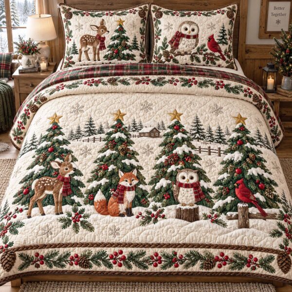 Winter Spruce Quilted Bedding Set Holiday Ornament Bedspread Set Family Gift