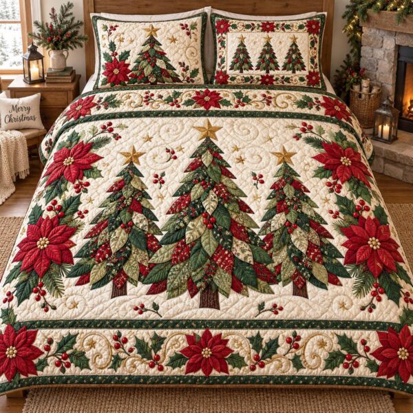 Joyful Spruce Quilted Bedding Set Holiday Ornament Bedspread Set Xmas Gift For Mom
