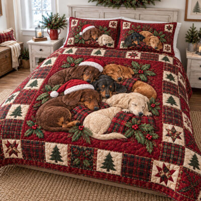 Santa Hat Doxie Cuddles Quilted Bedding Set Dachshund Lover Bedspread Set Dachshund Mom Gift