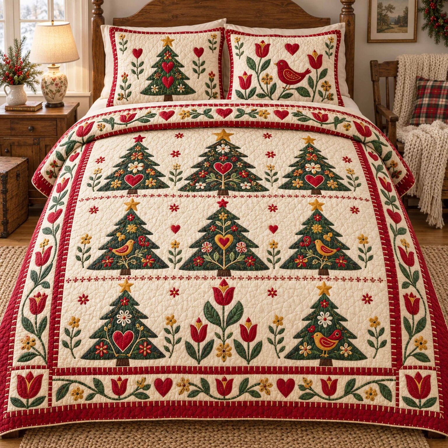 Noel Spruce Quilted Bedding Set Holiday Ornament Bedspread Set Family Gift