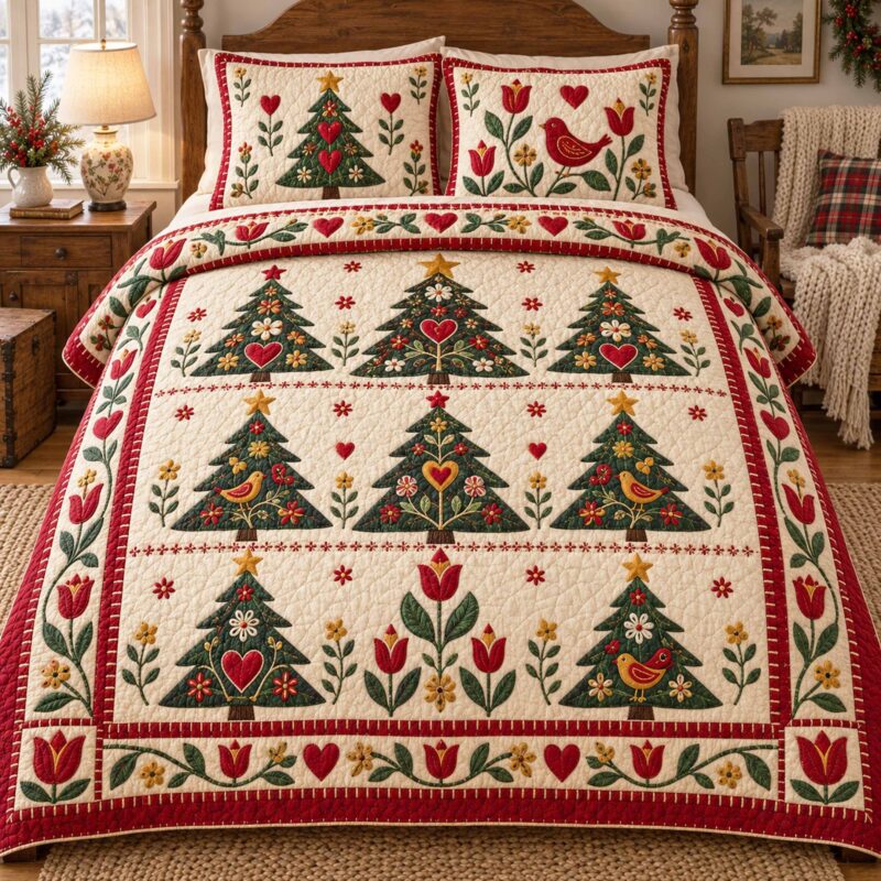 Noel Spruce Quilted Bedding Set Holiday Ornament Bedspread Set Family Gift