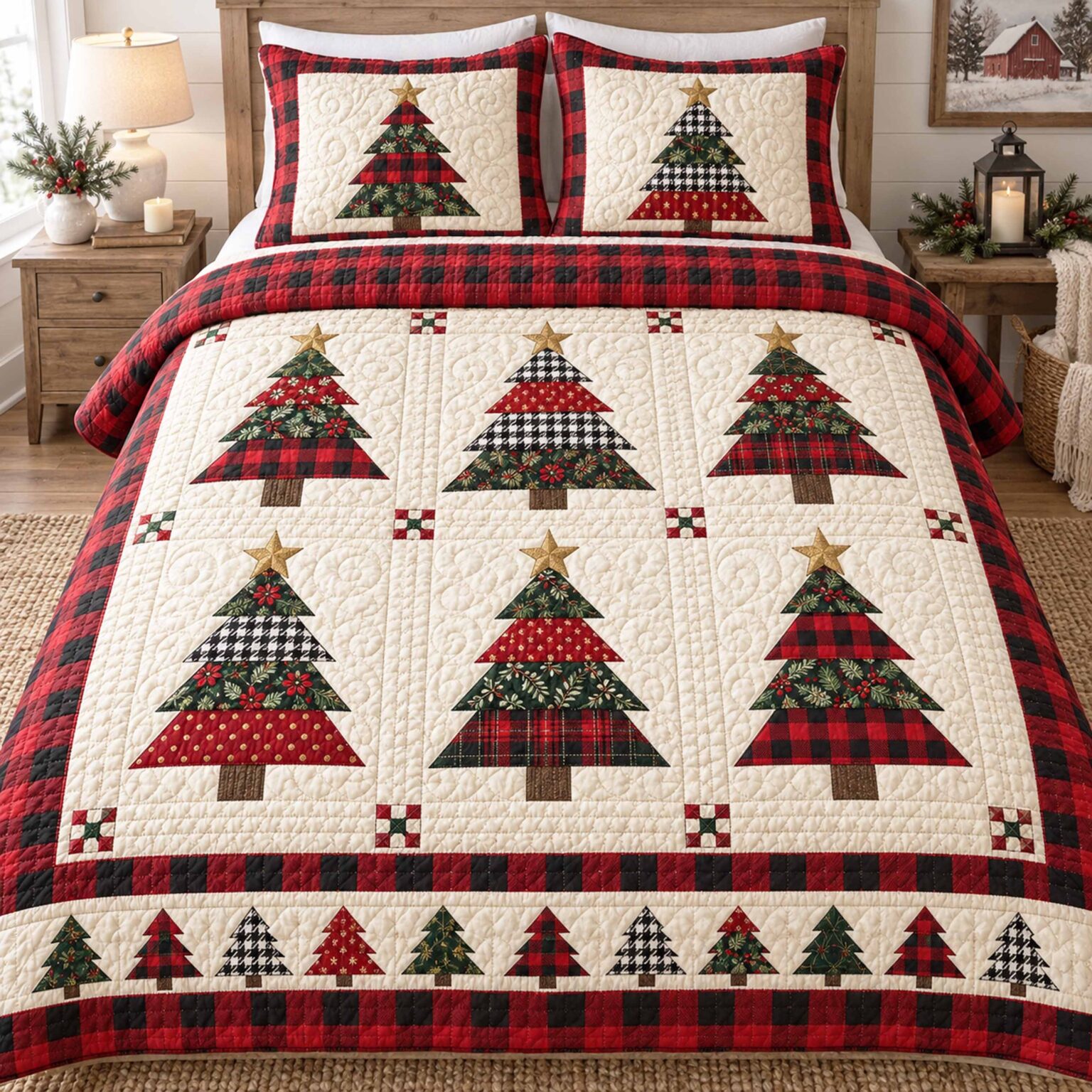 Serene Spruce Quilted Bedding Set Holiday Ornament Bedspread Set Holiday Gift