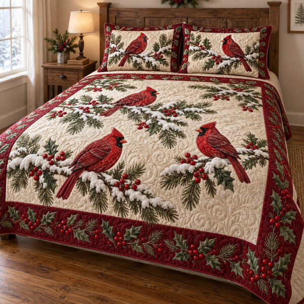 Evergreen Cardinal Quilted Bedding Set Holiday Ornament Bedspread Set Holiday Gift