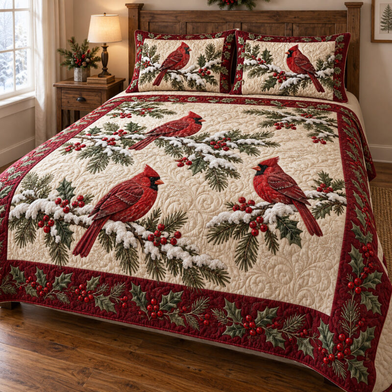 Evergreen Cardinal Quilted Bedding Set Holiday Ornament Bedspread Set Holiday Gift