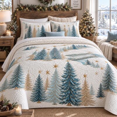 Icy Blue Christmas Pines Quilted Bedding Set Holiday Ornament Bedspread Set Holiday Gift