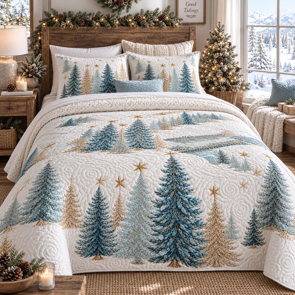 Icy Blue Christmas Pines Quilted Bedding Set Holiday Ornament Bedspread Set Holiday Gift