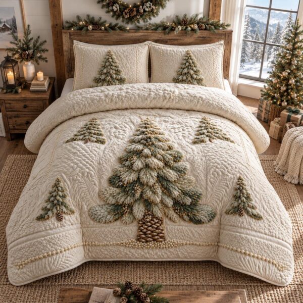 Ivory Winter Evergreen Quilted Bedding Set Holiday Ornament Bedspread Set Family Gift
