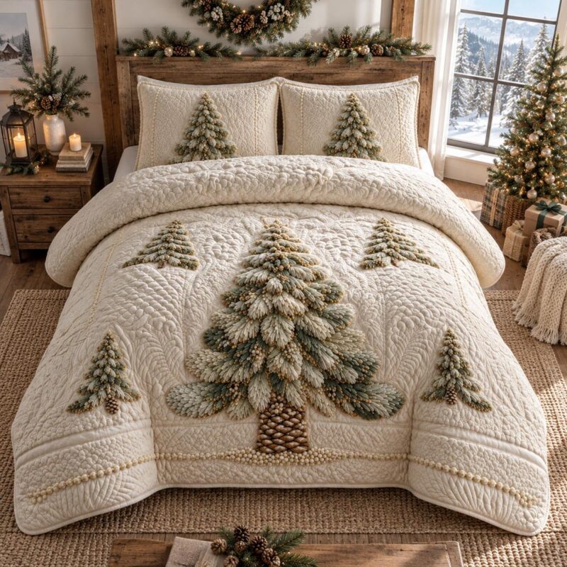 Ivory Winter Evergreen Quilted Bedding Set Holiday Ornament Bedspread Set Family Gift