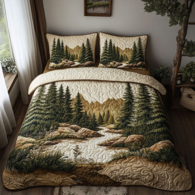 Majestic Pines Quilted Bedding Set Holiday Ornament Bedspread Set Family Gift
