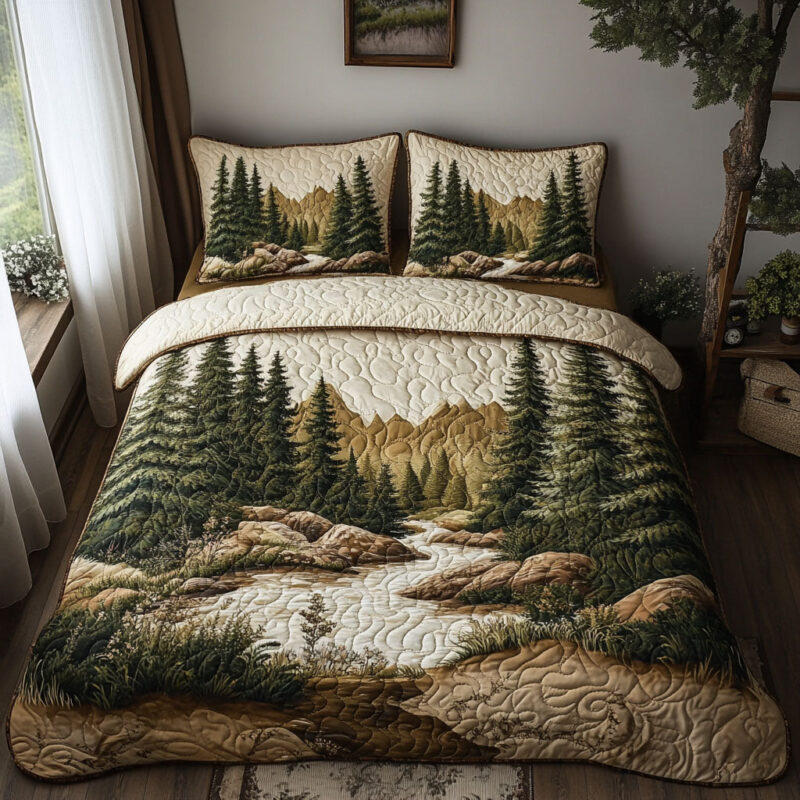 Majestic Pines Quilted Bedding Set Holiday Ornament Bedspread Set Family Gift